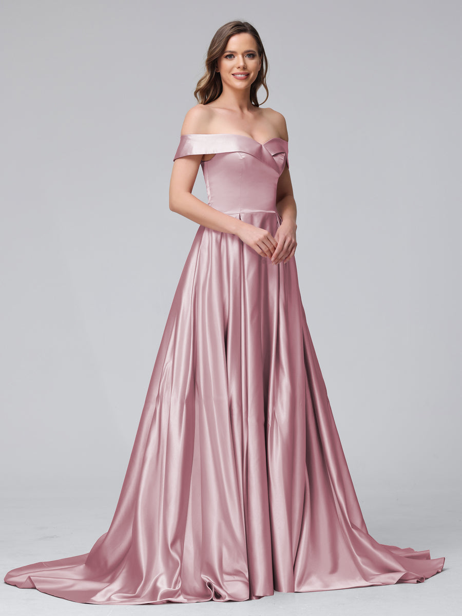 A-Line Off-the-Shoulder Long Satin Evening Dresses with Split Side &amp; Pockets