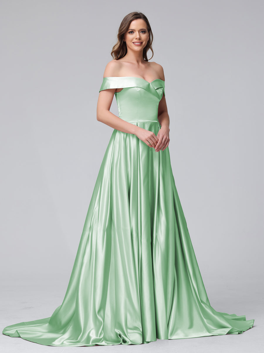 A-Line Off-the-Shoulder Long Satin Evening Dresses with Split Side &amp; Pockets