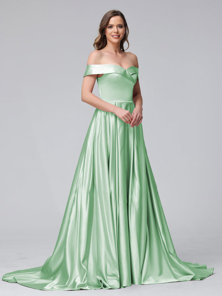 A-Line Off-the-Shoulder Long Satin Evening Dresses with Split Side &amp; Pockets