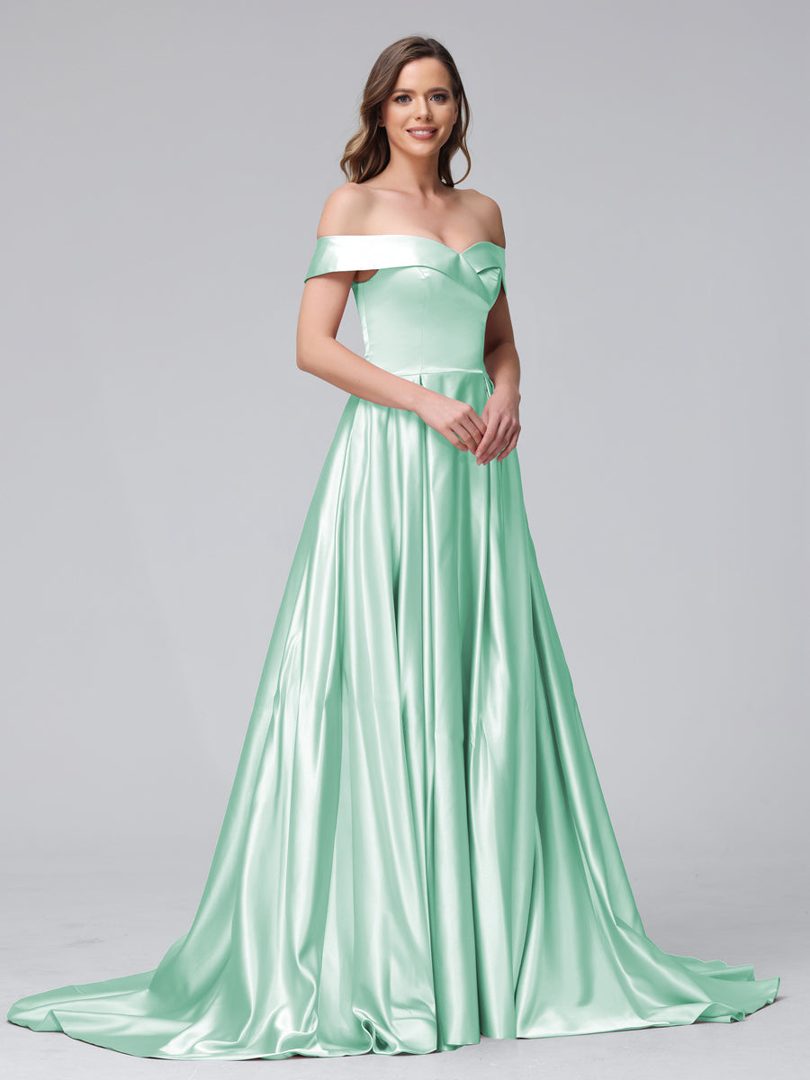 A-Line Off-the-Shoulder Long Satin Evening Dresses with Split Side &amp; Pockets