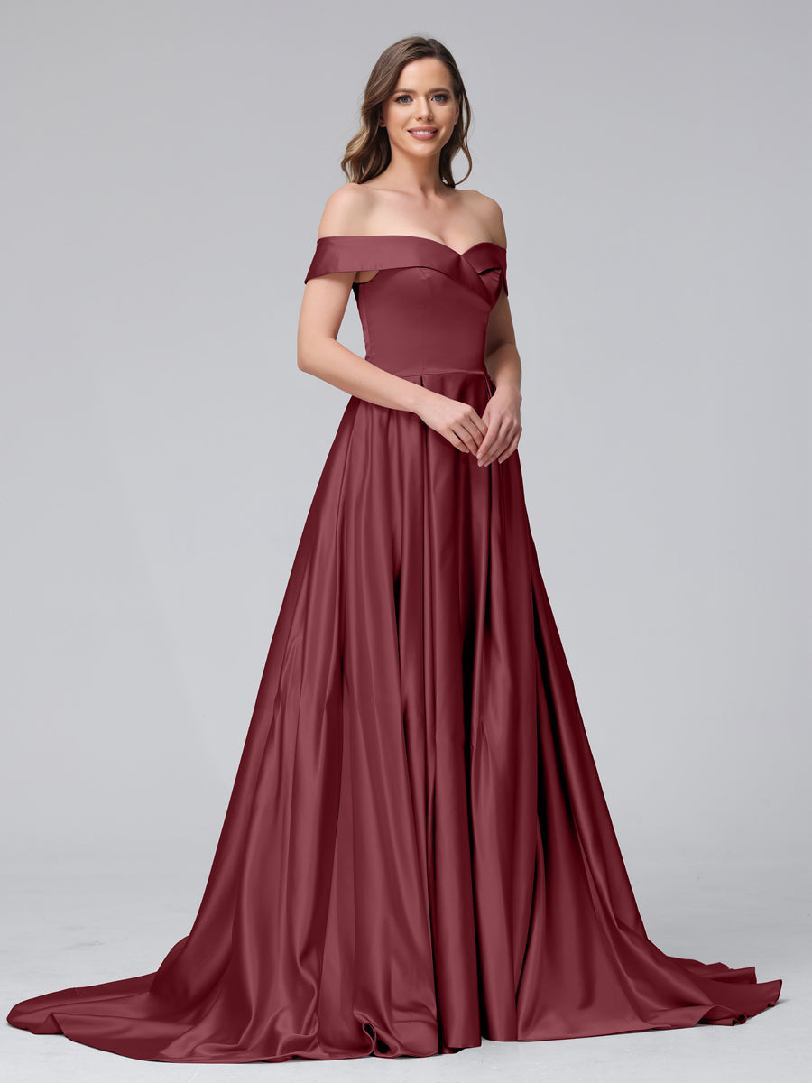 A-Line Off-the-Shoulder Long Satin Evening Dresses with Split Side &amp; Pockets