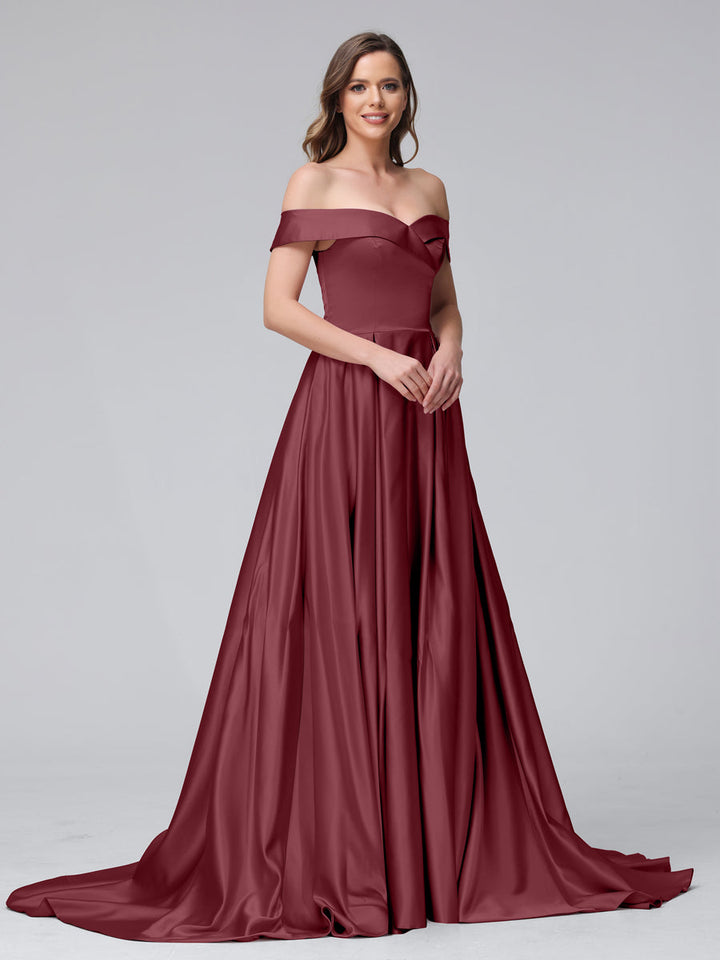 A-Line Off-the-Shoulder Long Satin Evening Dresses with Split Side &amp; Pockets