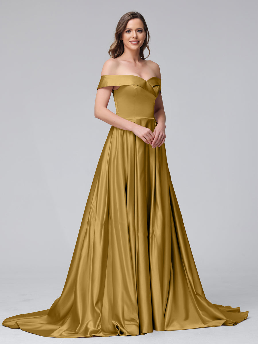 A-Line Off-the-Shoulder Long Satin Evening Dresses with Split Side &amp; Pockets