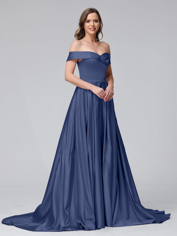 A-Line Off-the-Shoulder Long Satin Evening Dresses with Split Side &amp; Pockets