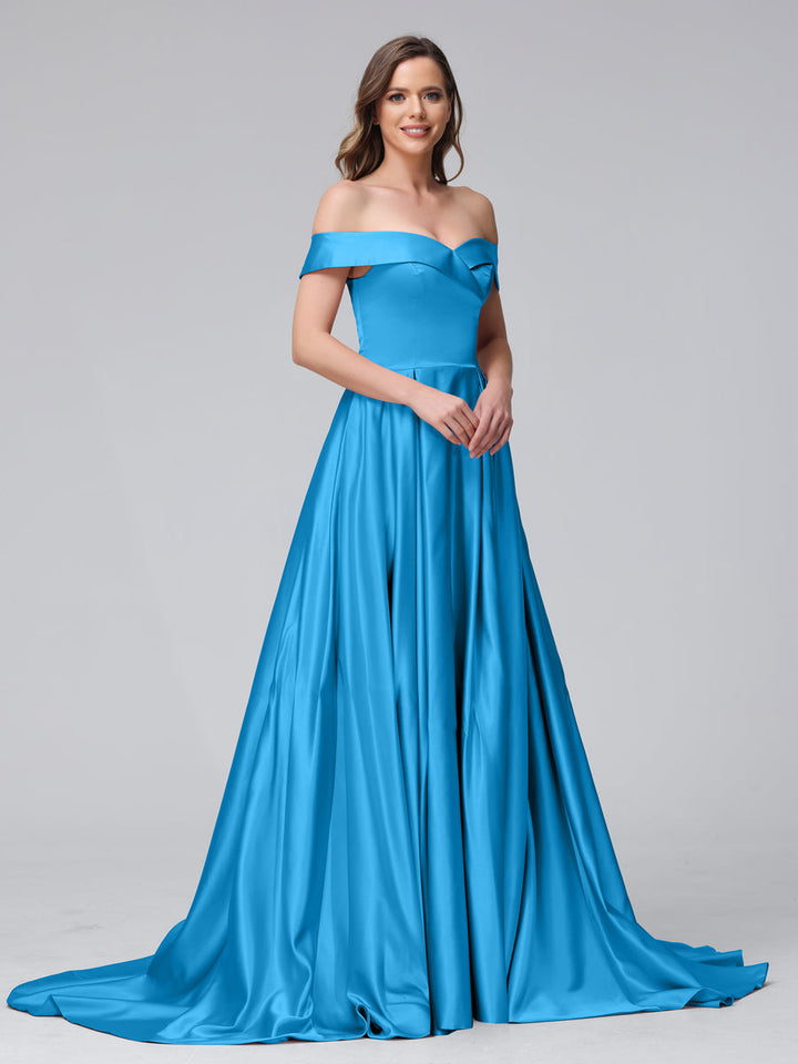 A-Line Off-the-Shoulder Long Satin Evening Dresses with Split Side &amp; Pockets