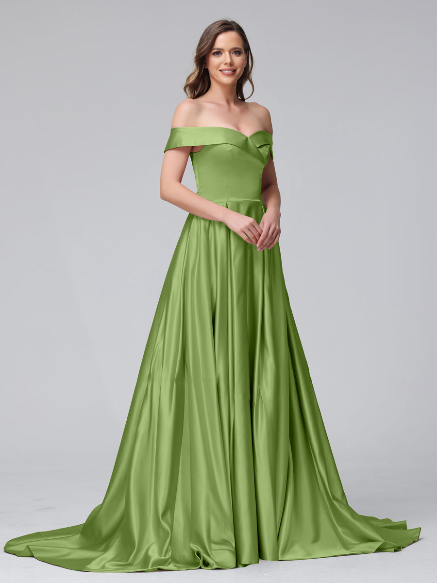 A-Line Off-the-Shoulder Long Satin Evening Dresses with Split Side &amp; Pockets