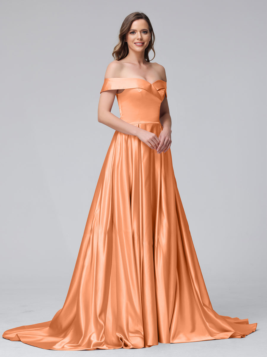 A-Line Off-the-Shoulder Long Satin Evening Dresses with Split Side &amp; Pockets