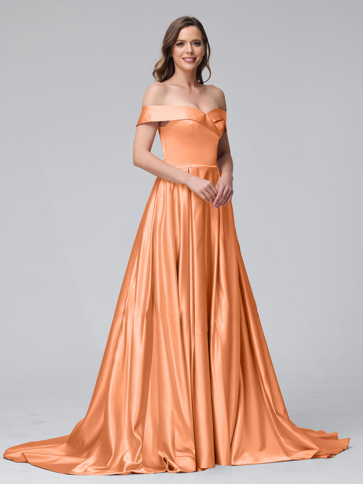 A-Line Off-the-Shoulder Long Satin Evening Dresses with Split Side &amp; Pockets