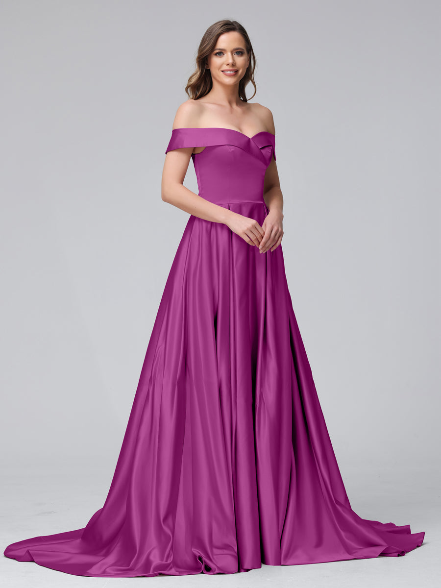 A-Line Off-the-Shoulder Long Satin Evening Dresses with Split Side &amp; Pockets