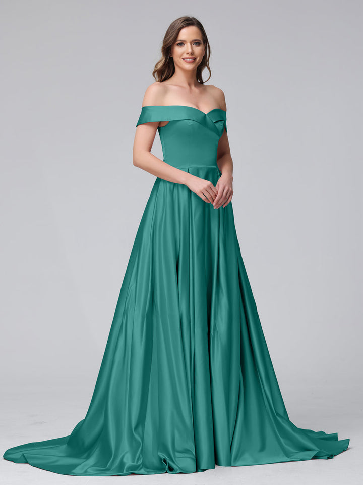 A-Line Off-the-Shoulder Long Satin Evening Dresses with Split Side &amp; Pockets