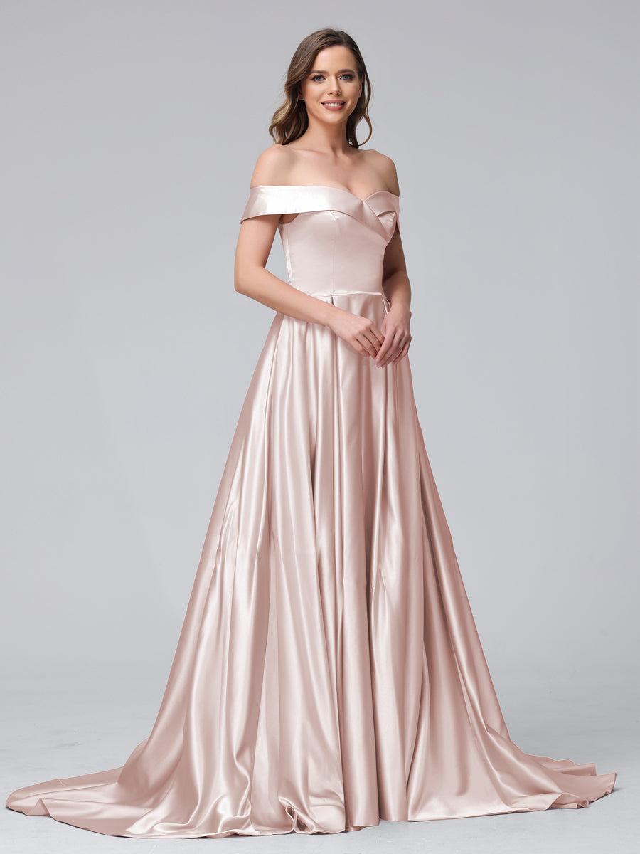 A-Line Off-the-Shoulder Long Satin Evening Dresses with Split Side &amp; Pockets