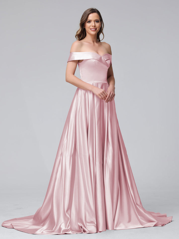 A-Line Off-the-Shoulder Long Satin Evening Dresses with Split Side &amp; Pockets