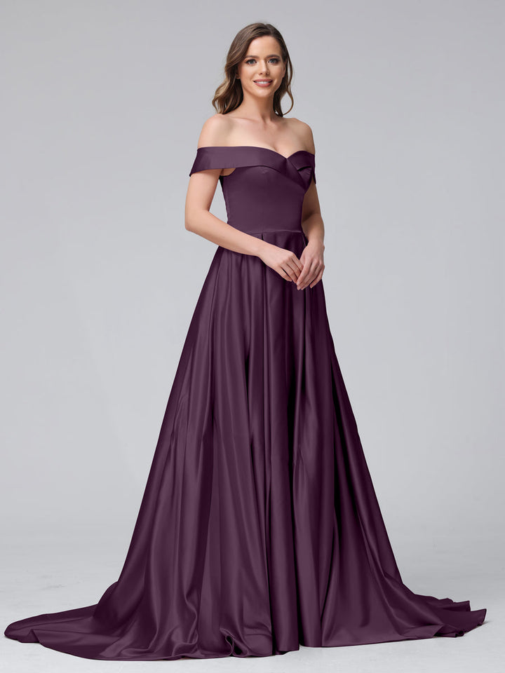 A-Line Off-the-Shoulder Long Satin Evening Dresses with Split Side &amp; Pockets