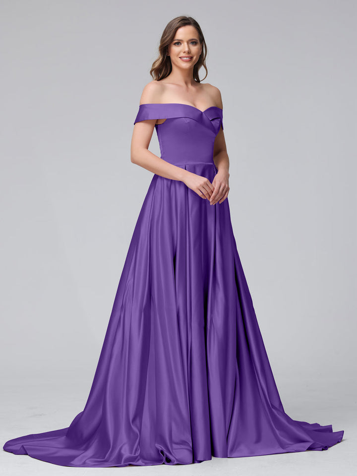 A-Line Off-the-Shoulder Long Satin Evening Dresses with Split Side &amp; Pockets