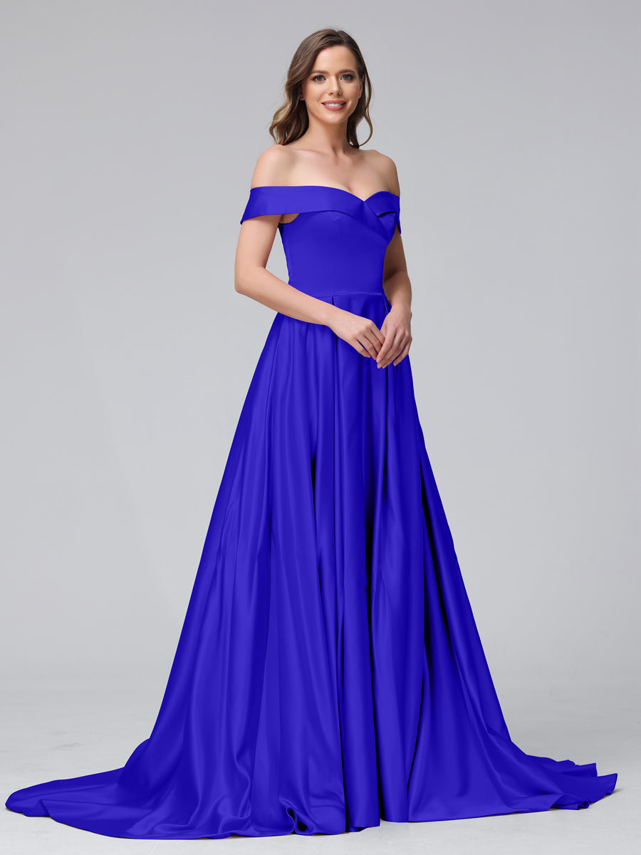 A-Line Off-the-Shoulder Long Satin Evening Dresses with Split Side &amp; Pockets