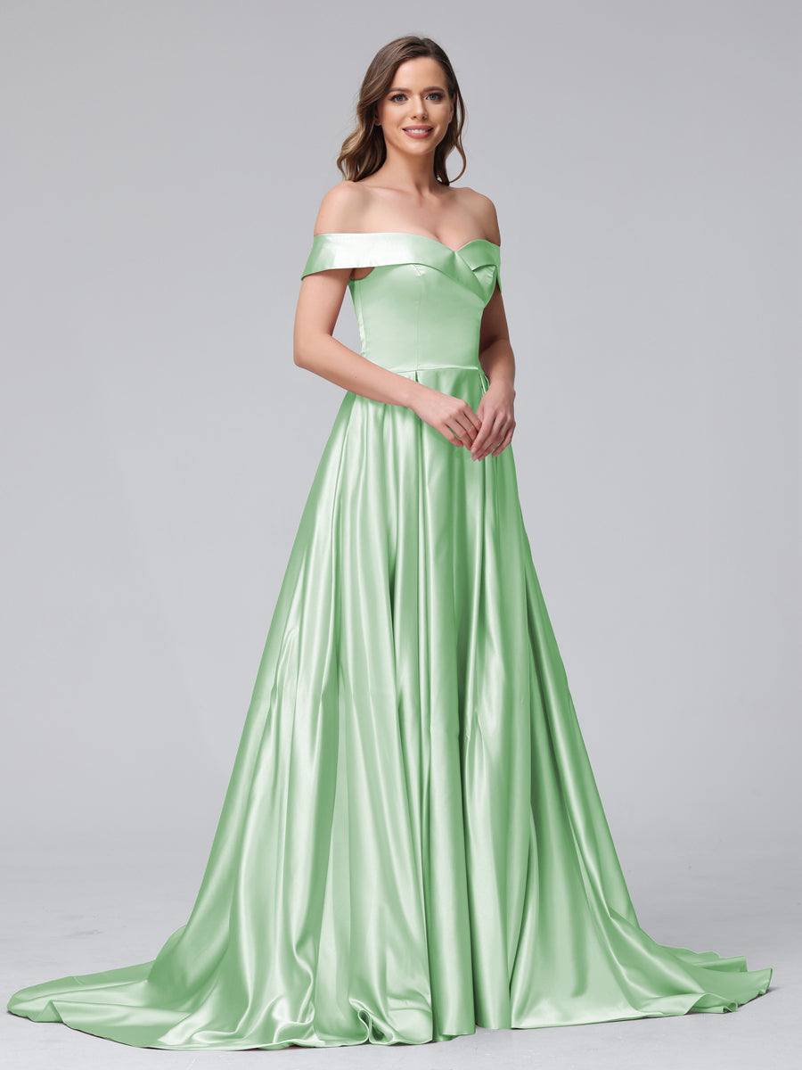 A-Line Off-the-Shoulder Long Satin Evening Dresses with Split Side &amp; Pockets