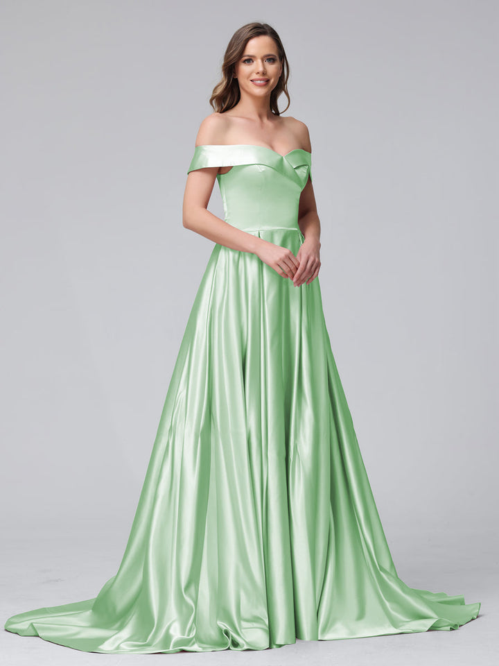 A-Line Off-the-Shoulder Long Satin Evening Dresses with Split Side &amp; Pockets