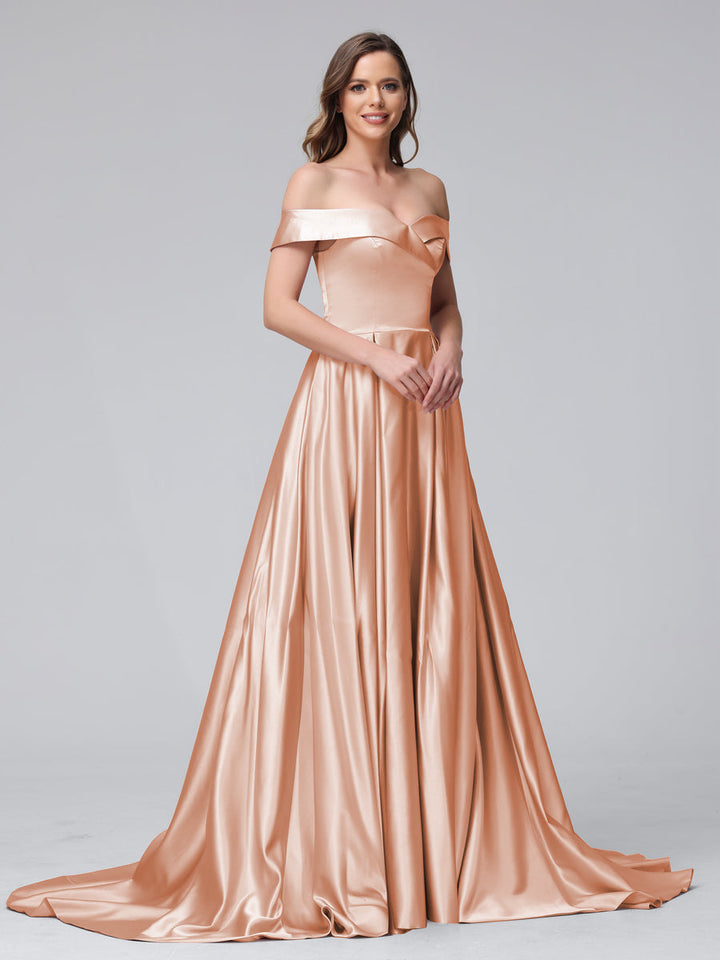 A-Line Off-the-Shoulder Long Satin Evening Dresses with Split Side &amp; Pockets