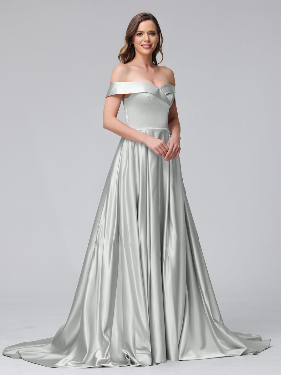 A-Line Off-the-Shoulder Long Satin Evening Dresses with Split Side &amp; Pockets