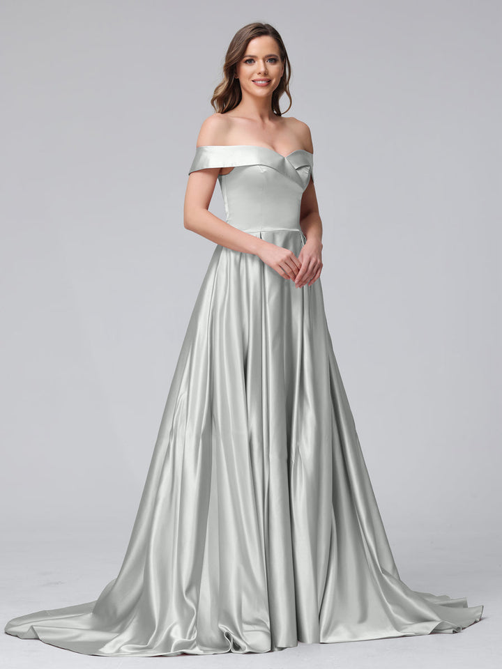A-Line Off-the-Shoulder Long Satin Evening Dresses with Split Side &amp; Pockets