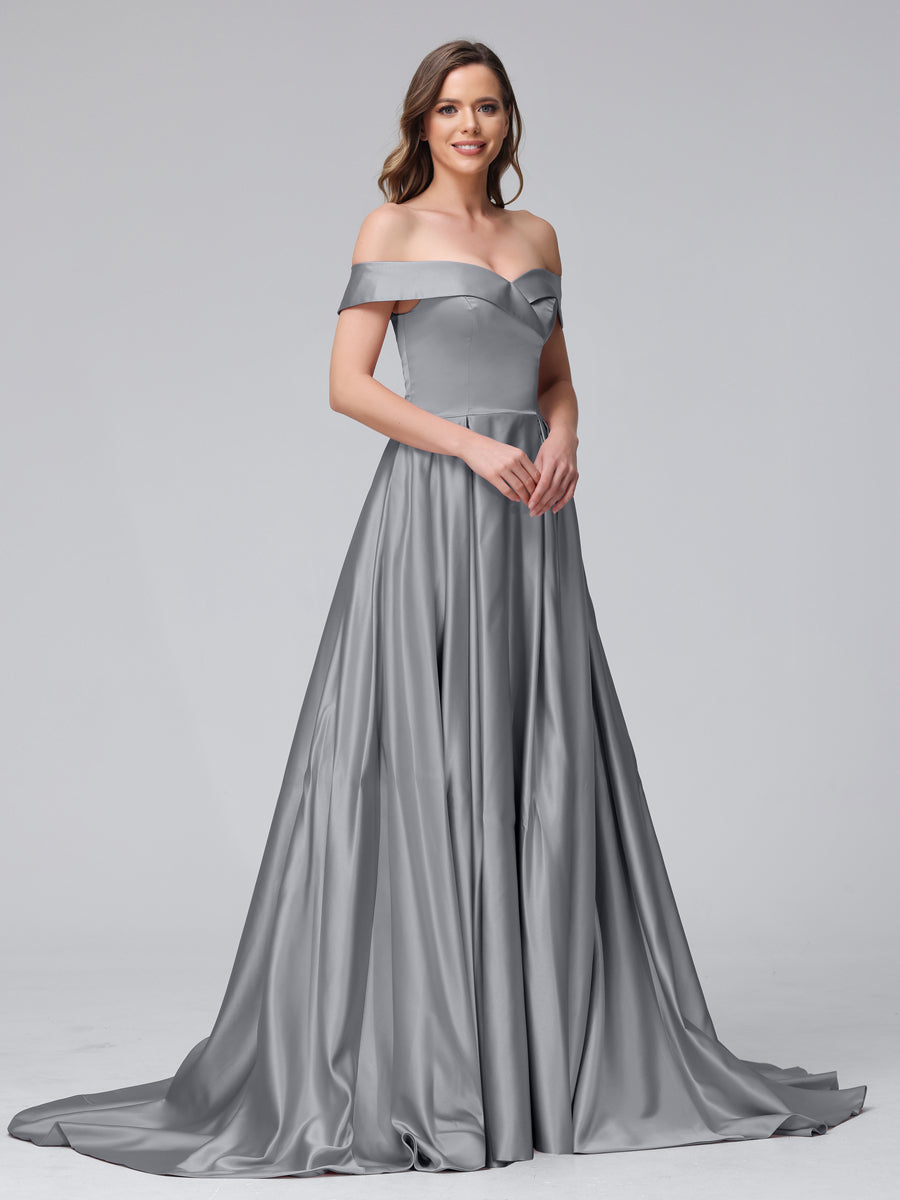 A-Line Off-the-Shoulder Long Satin Evening Dresses with Split Side &amp; Pockets