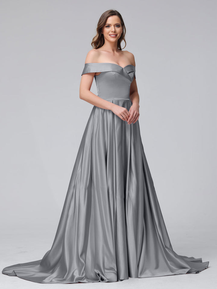 A-Line Off-the-Shoulder Long Satin Evening Dresses with Split Side &amp; Pockets