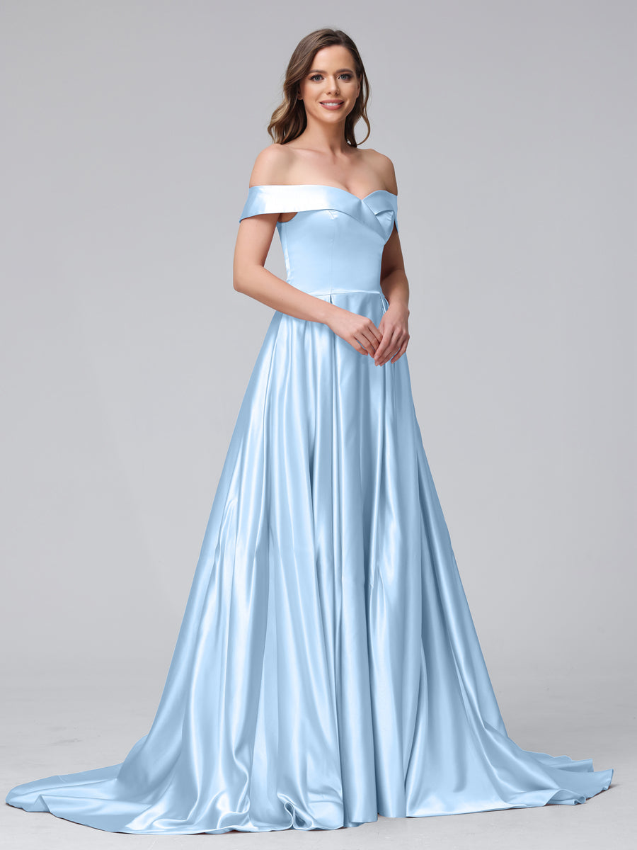 A-Line Off-the-Shoulder Long Satin Evening Dresses with Split Side &amp; Pockets