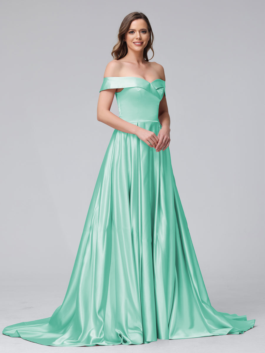A-Line Off-the-Shoulder Long Satin Evening Dresses with Split Side &amp; Pockets