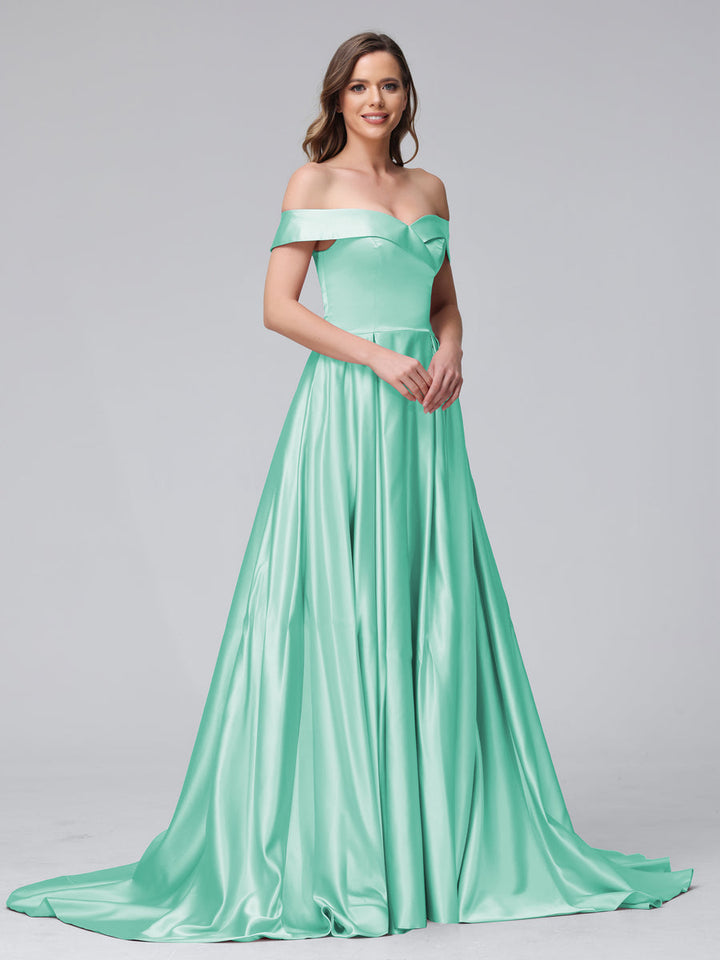 A-Line Off-the-Shoulder Long Satin Evening Dresses with Split Side &amp; Pockets