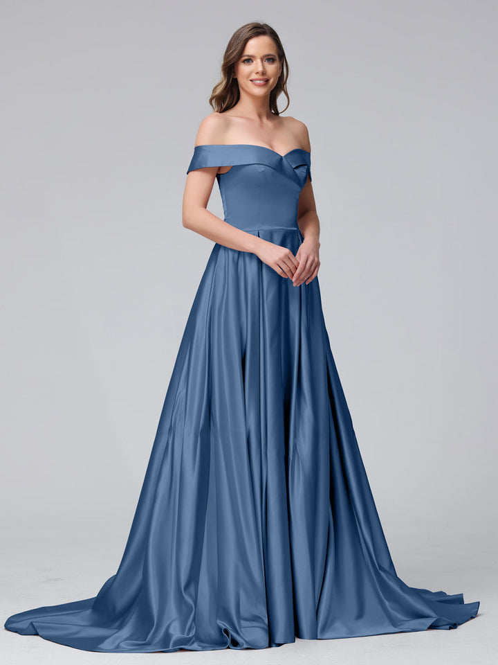 A-Line Off-the-Shoulder Long Satin Evening Dresses with Split Side &amp; Pockets