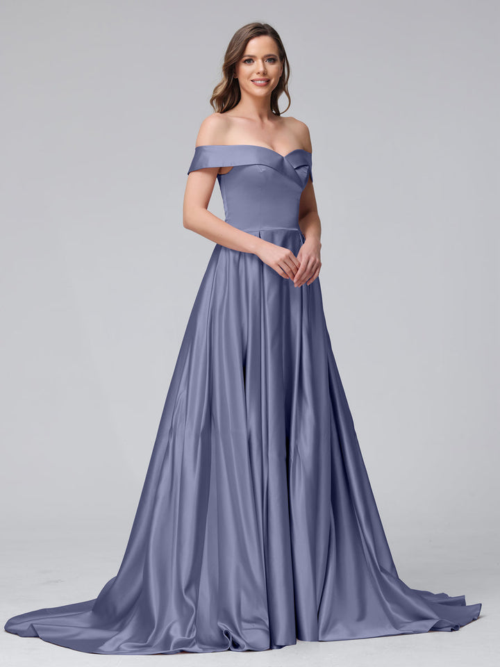 A-Line Off-the-Shoulder Long Satin Evening Dresses with Split Side &amp; Pockets