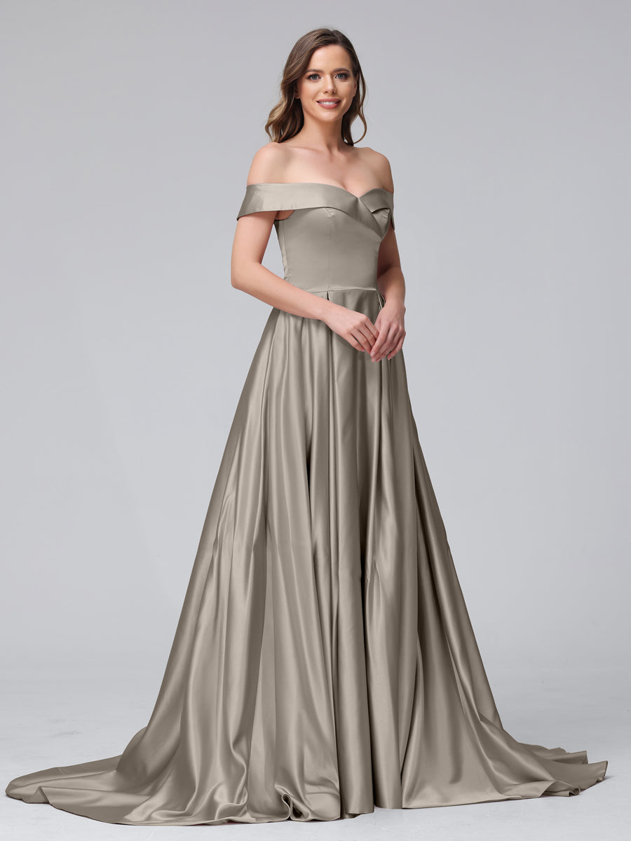 A-Line Off-the-Shoulder Long Satin Evening Dresses with Split Side &amp; Pockets