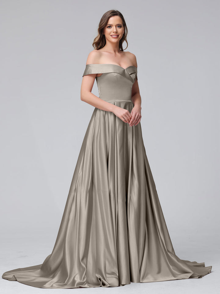 A-Line Off-the-Shoulder Long Satin Evening Dresses with Split Side &amp; Pockets