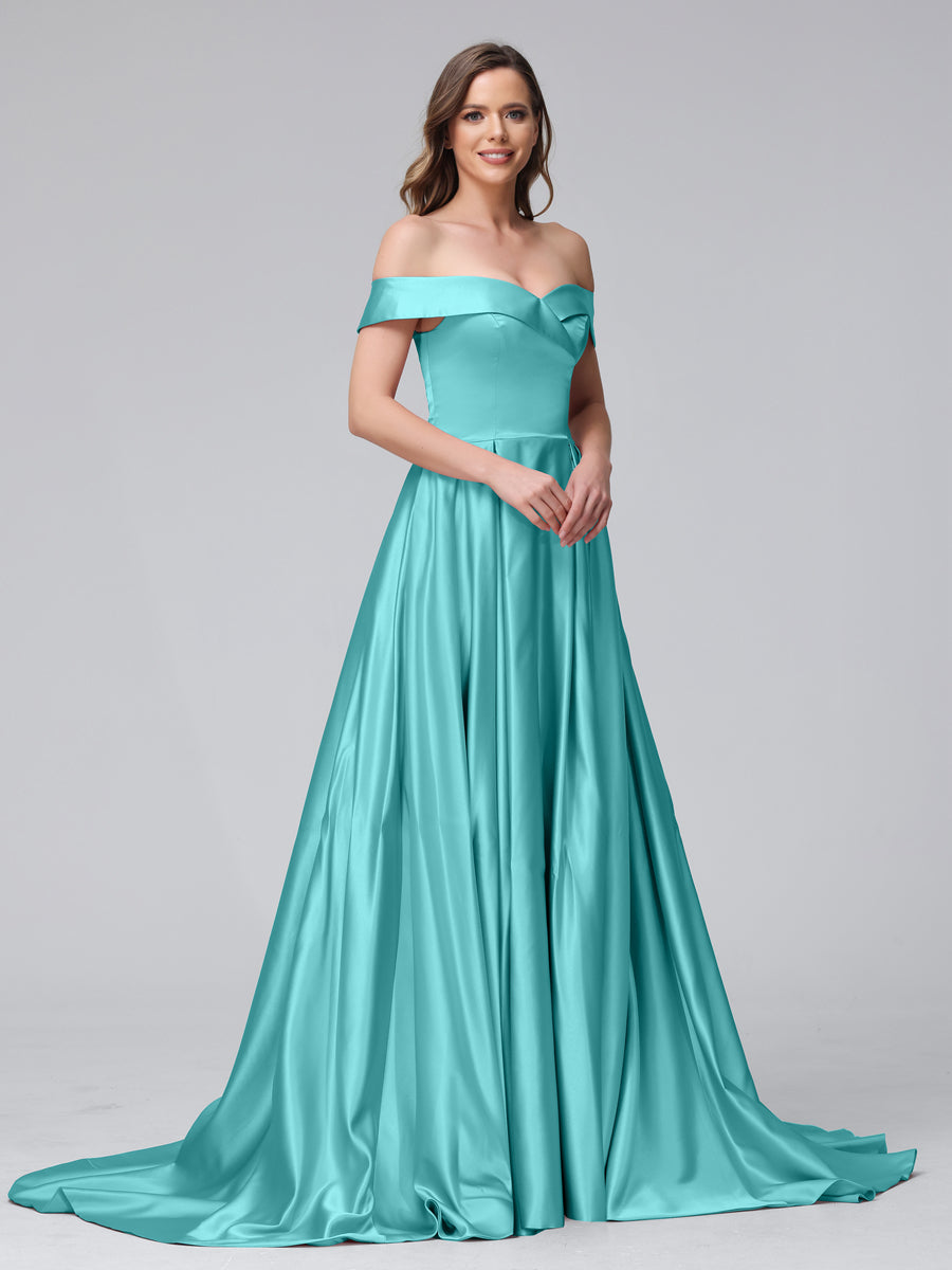 A-Line Off-the-Shoulder Long Satin Evening Dresses with Split Side &amp; Pockets
