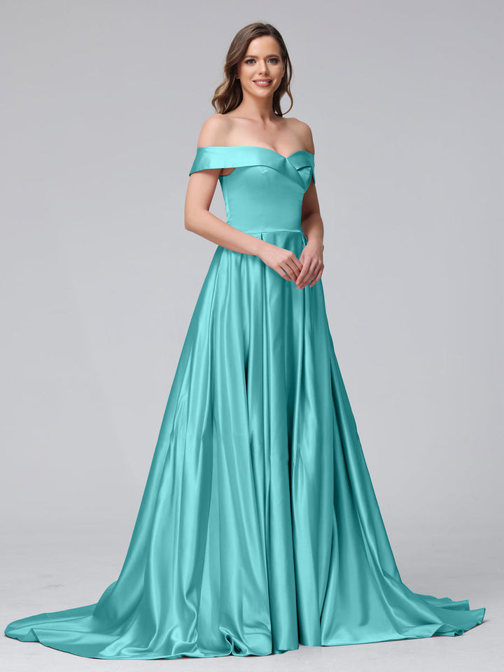 A-Line Off-the-Shoulder Long Satin Evening Dresses with Split Side &amp; Pockets