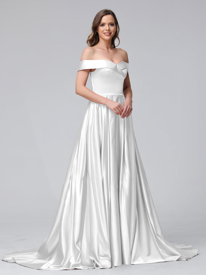 A-Line Off-the-Shoulder Long Satin Evening Dresses with Split Side &amp; Pockets