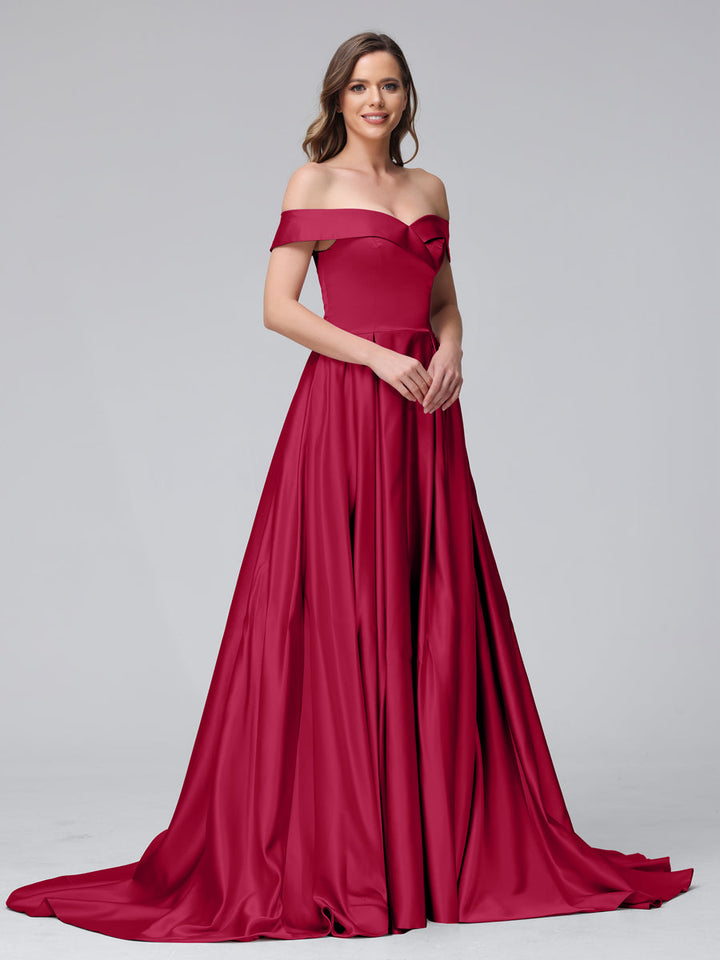 A-Line Off-the-Shoulder Long Satin Evening Dresses with Split Side &amp; Pockets
