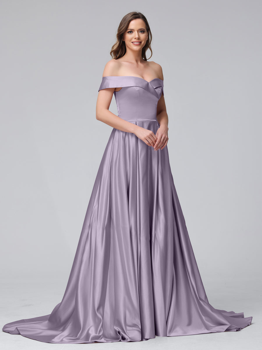 A-Line Off-the-Shoulder Long Satin Evening Dresses with Split Side &amp; Pockets