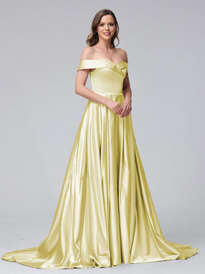 A-Line Off-the-Shoulder Long Satin Evening Dresses with Split Side & Pockets
