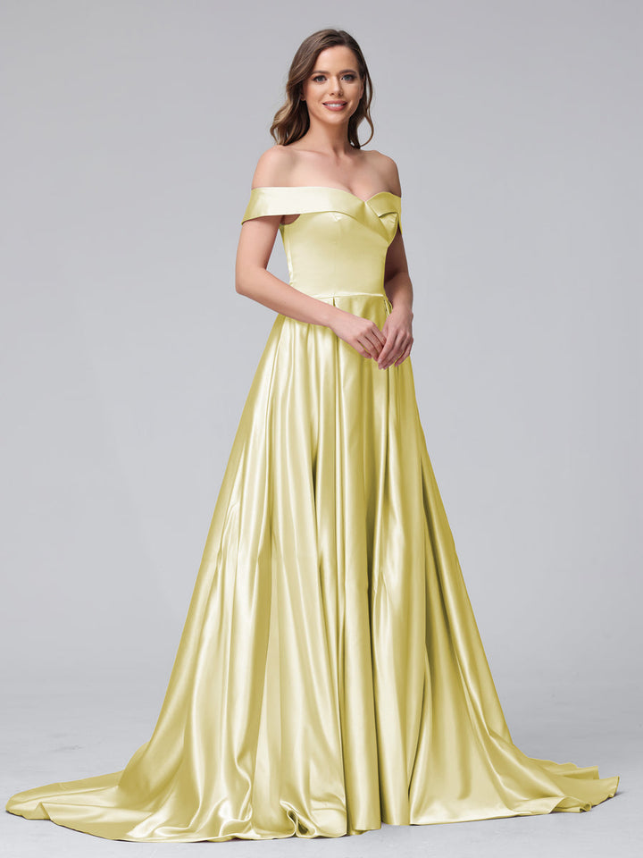 A-Line Off-the-Shoulder Long Satin Evening Dresses with Split Side &amp; Pockets