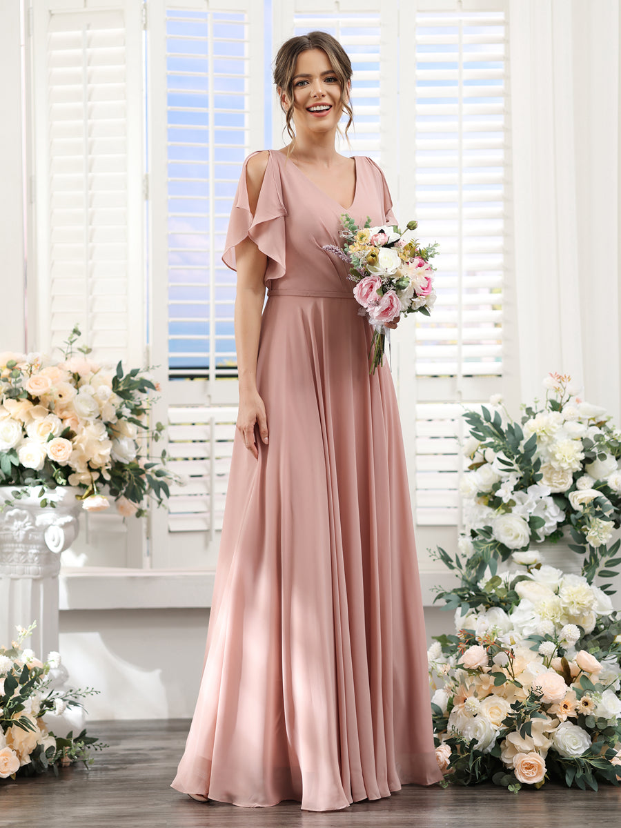 A-Line V-Neck Short Sleeves Split Side Floor-Length Chiffon Bridesmaid Dresses