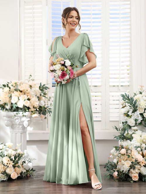 A-Line V-Neck Short Sleeves Split Side Floor-Length Chiffon Bridesmaid Dresses