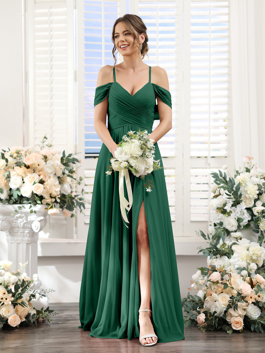 A-Line V-Neck Spaghetti Straps Split Side Floor-Length Chiffon Bridesmaid Dresses