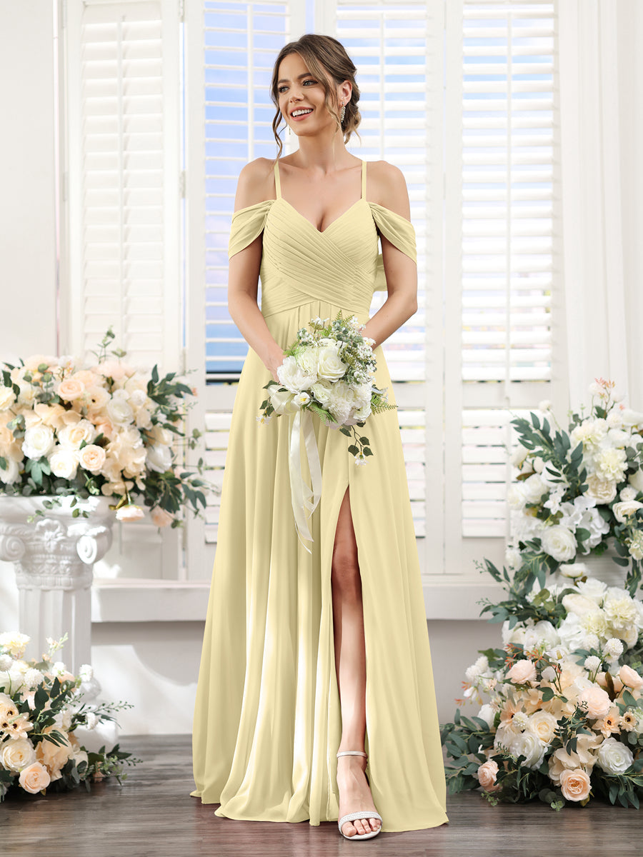 A-Line V-Neck Spaghetti Straps Split Side Floor-Length Chiffon Bridesmaid Dresses