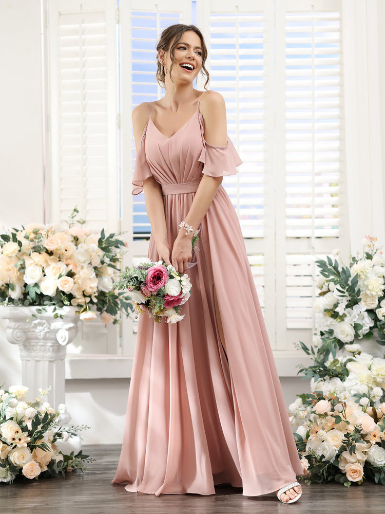 A-Line V-Neck Spaghetti Straps Split Side Floor-Length Chiffon Plus Size Bridesmaid Dresses main image 1