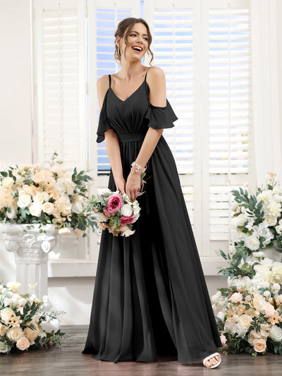 A-Line Spaghetti Straps Split Side Ruched Floor-Length Chiffon Bridesmaid Dresses