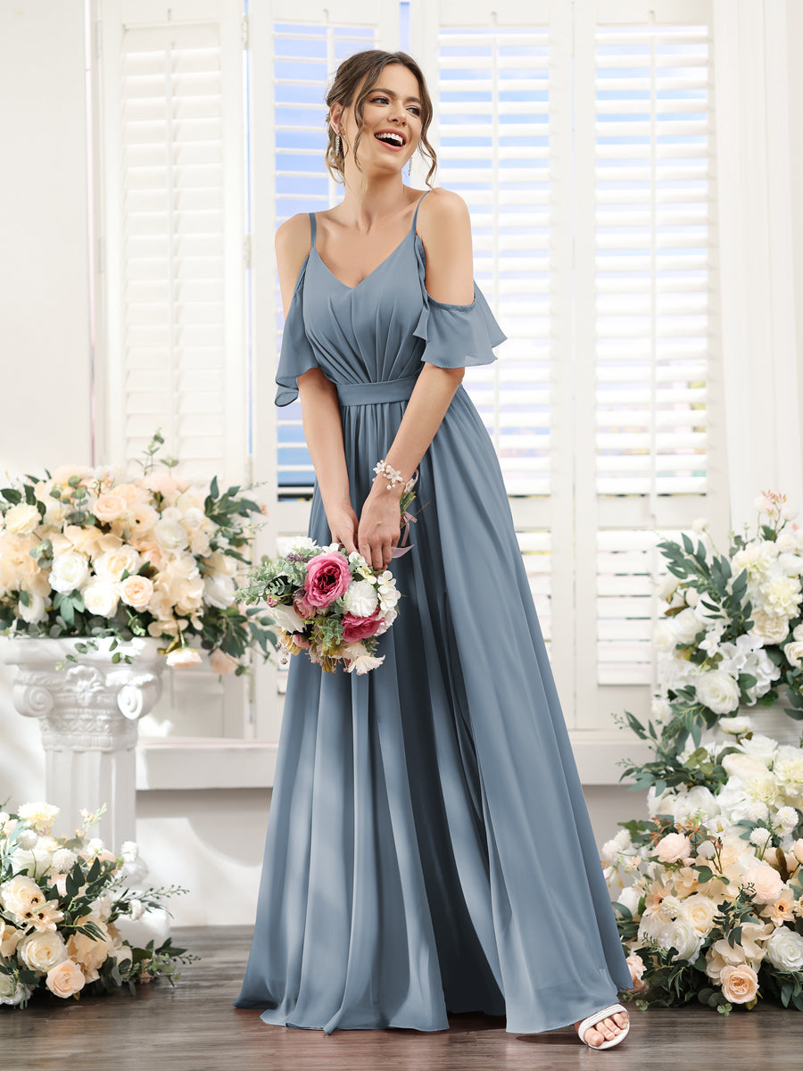 A-Line Spaghetti Straps Split Side Ruched Floor-Length Chiffon Bridesmaid Dresses