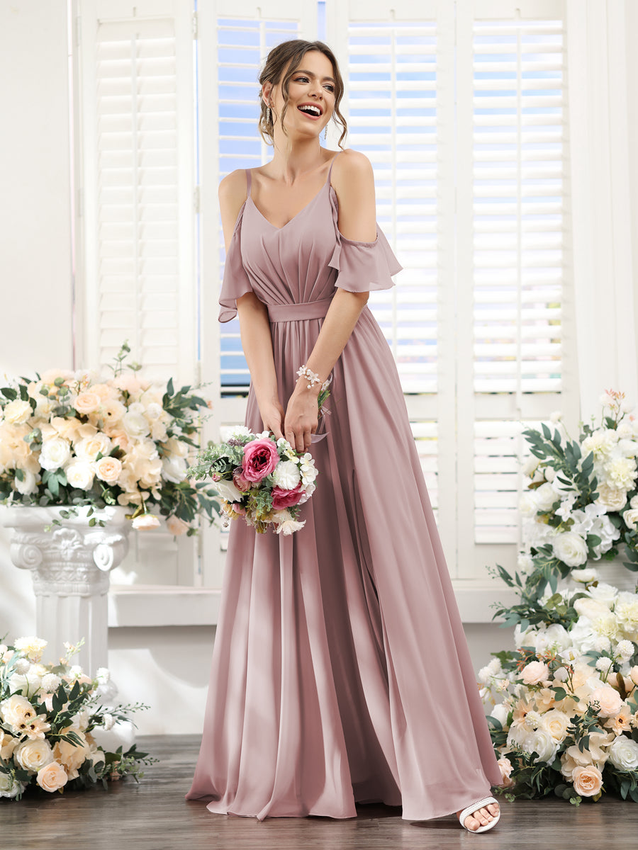 A-Line Spaghetti Straps Split Side Ruched Floor-Length Chiffon Bridesmaid Dresses