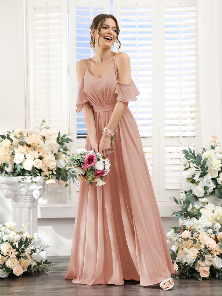 A-Line Spaghetti Straps Split Side Ruched Floor-Length Chiffon Bridesmaid Dresses