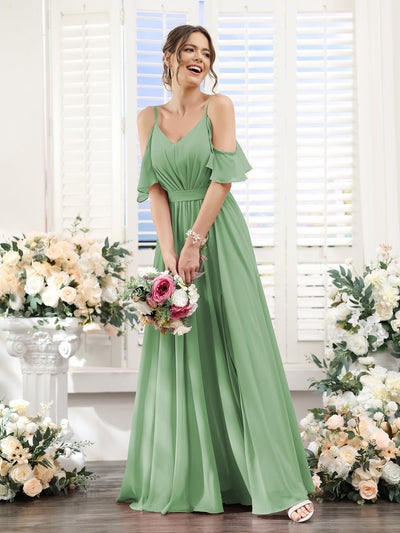 A-Line Spaghetti Straps Split Side Ruched Floor-Length Chiffon Bridesmaid Dresses